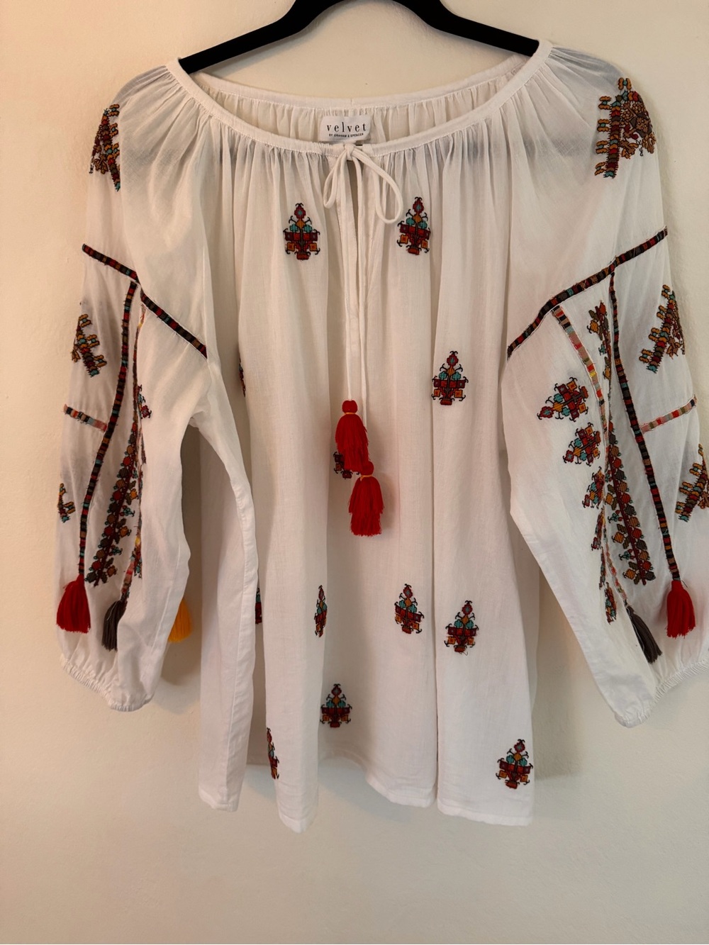 Velvet by Graham & Spencer White Embroidered Peasant Tunic with Red Tassels
